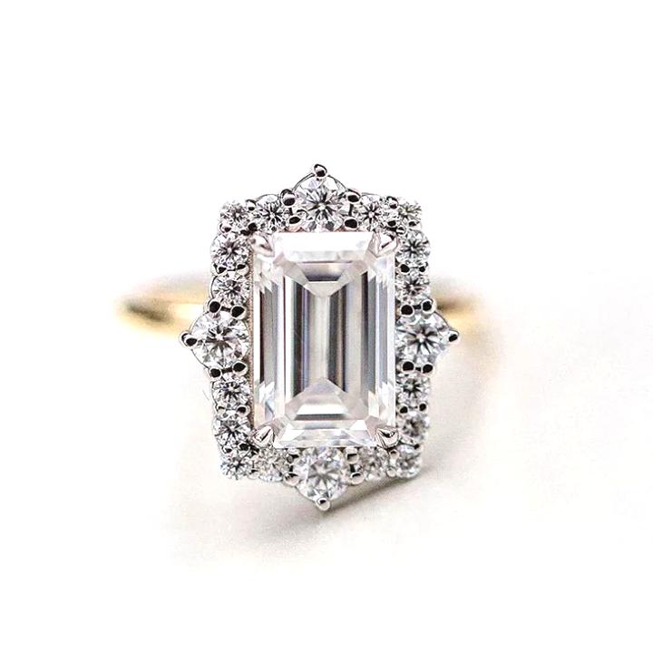 ‘Emiko’ 3.55 Carat Emerald Cut Moissanite Art Deco Halo Ring 'Emiko' 3.55 Carat Emerald Cut Moissanite Art Deco Halo Ring