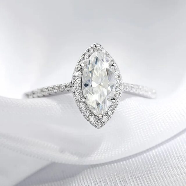 Marnesha Moissanite Marquise Halo Ring with Half Pave Band (3) Marnesha Moissanite Marquise Halo Ring with Half Pave Band