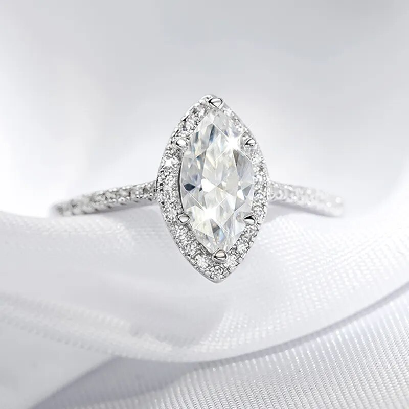 Marnesha Moissanite Marquise Halo Ring with Half Pave Band (3) Marnesha Moissanite Marquise Halo Ring with Half Pave Band