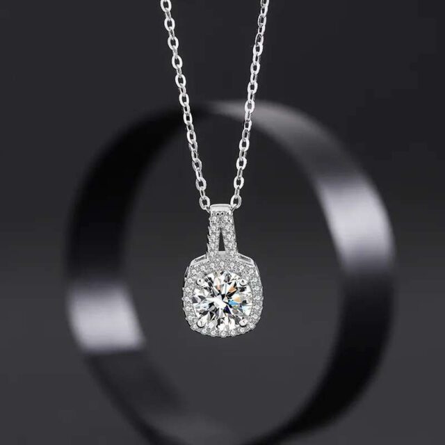 Semiha Cushion Halo Moissanite Pendant + Necklace