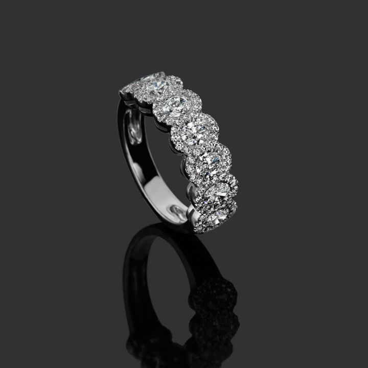oval halo moissanite half eternity Ring Angled oval halo moissanite half eternity Ring Angled