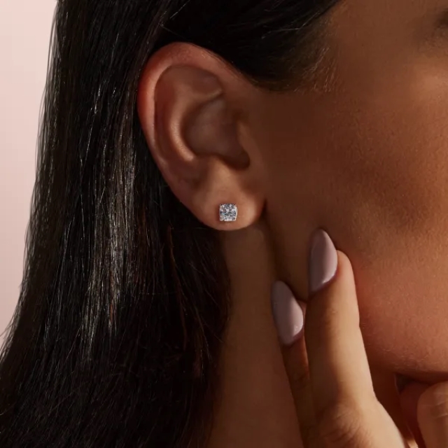 Moissanite Cushion Cut Stud Earrings Modelled Cushion Cut Moissanite Stud Earrings modelled