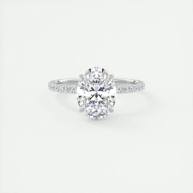 Oprah Oval Cut Moissanite 4 Prong Ring with Half Pave Band (5) oval cut moissanite 4 prong ring