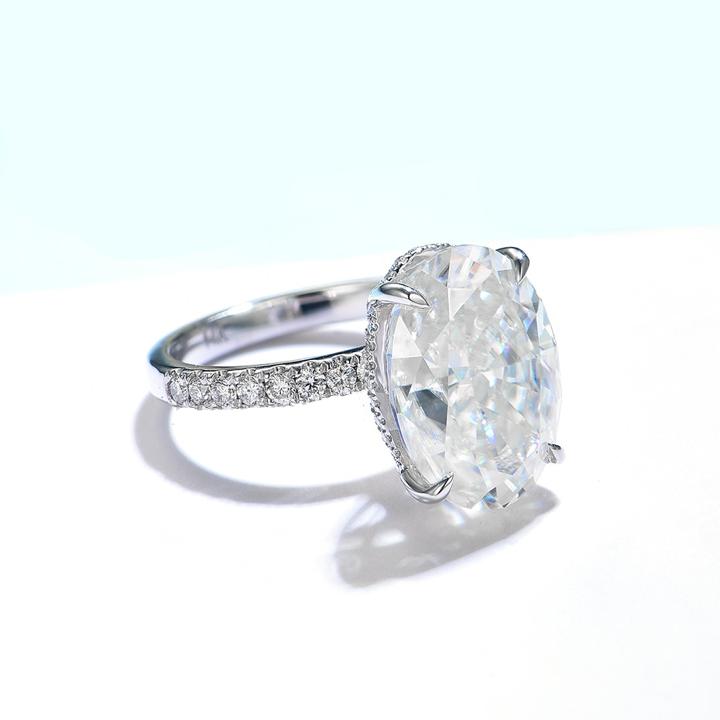 8ct Oval Cut Moissanite 4 Prong Ring Half Pave Band (Lay Angled) 8ct or 10 carat Oval Cut Moissanite 4 Prong Ring