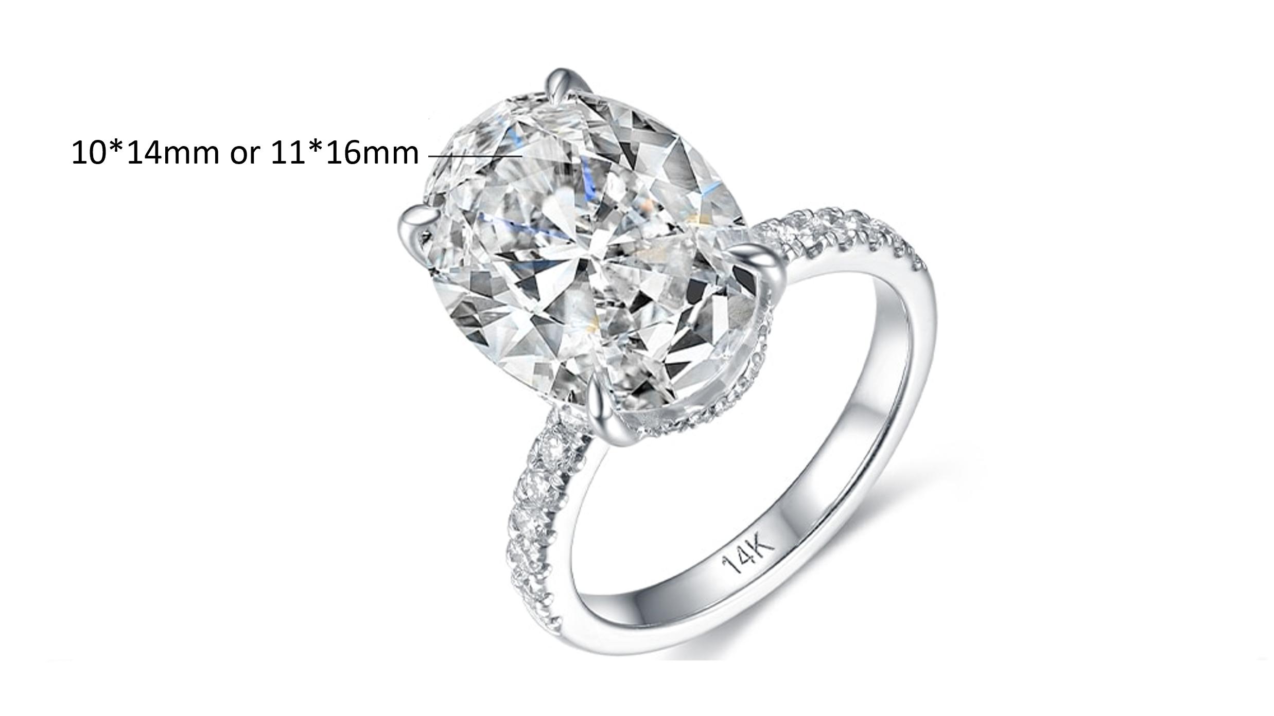 10ct Oval Cut Moissanite 4 Prong Ring Half Pave Band (Dimensions) 10ct Oval Cut Moissanite 4 Prong Ring (Dimensions)