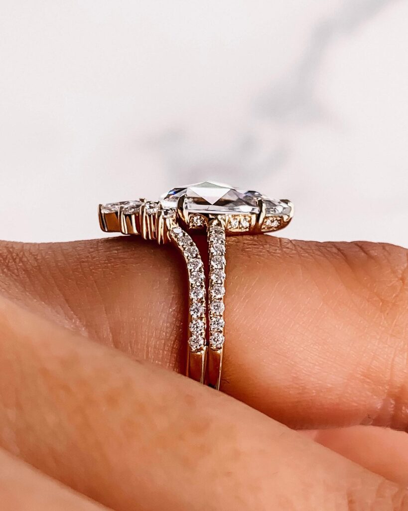 Rose Cut Pear Moissanite Bridal Ring Set (3) Rose Cut Pear Moissanite Bridal Ring Set