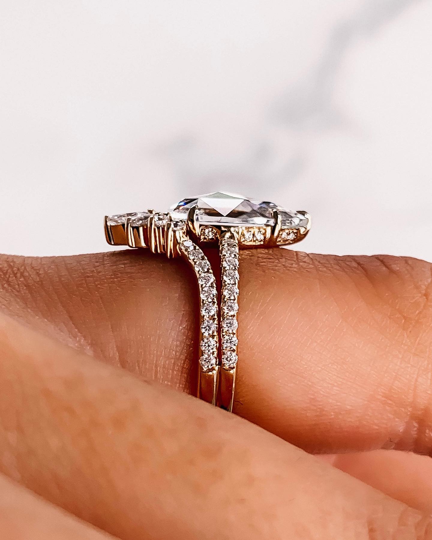 Rose Cut Pear Moissanite Bridal Ring Set (3) Rose Cut Pear Moissanite Bridal Ring Set