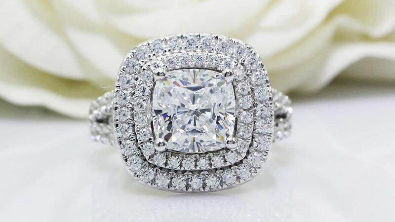 3ct Cushion Cut Moissanite Double Halo Ring WG