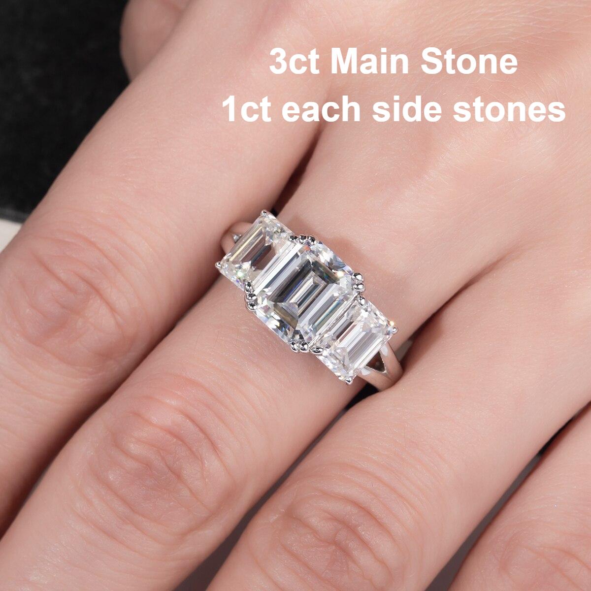 Eloise 5ctw Moissanite emerald cut trilogy ring modelled
