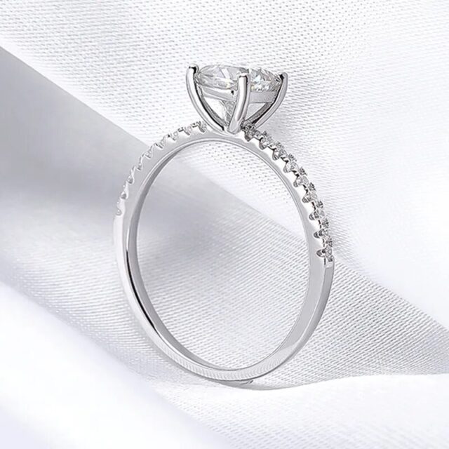 Cora Cushion Cut Moissanite Solitaire Ring with Half Pave Band (WG)