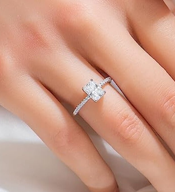 Rochelle 2ct Emerald or Radiant Cut Ring with Half Pave Band Modelled Rochelle 2ct Emerald or Radiant Cut Ring with Half Pave Band