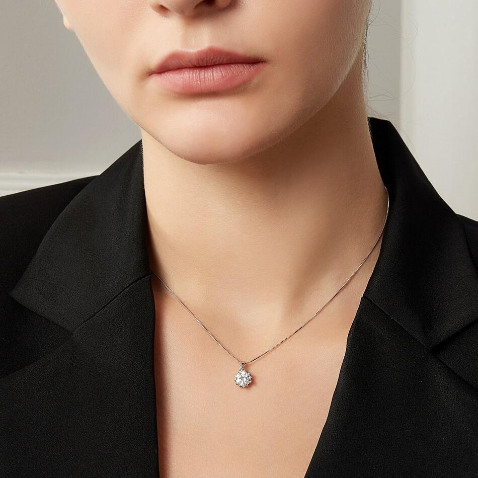 1ct Round Moissanite Solitaire Pendant + Necklace 6 Heart Prong Single Link (Modelled)